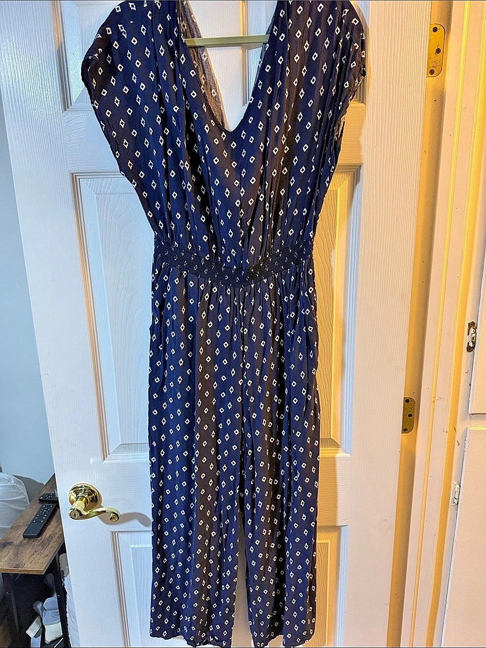 Geometric V-Neck Midi Dress in Blue & White Like New